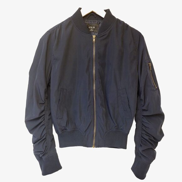 Active USA Navy Blue Gathered Sleeves Full Zip Sz S Women Jacket - Picture 1 of 10